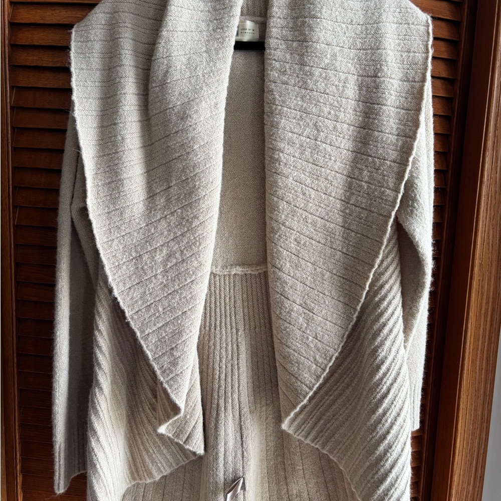 Look By M Beige Pleats Shawl Long Sleeves Cardigan Wide Collar & Open Front